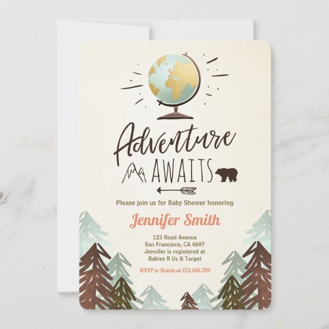 Adventure awaits Baby shower invite Vintage Rustic (Front)