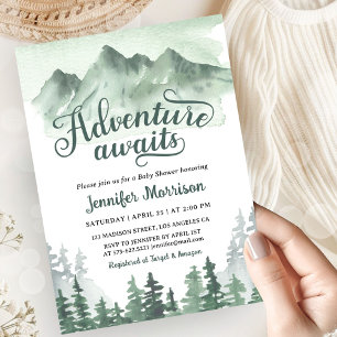 Adventure Awaits Baby Shower Rustic Green Mountain Invitation