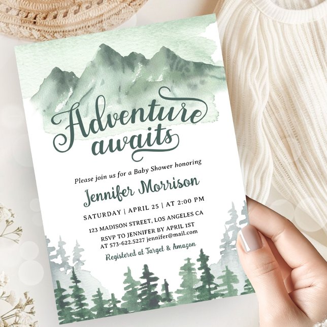 Adventure Awaits Baby Shower Rustic Green Mountain Invitation (Creator Uploaded)