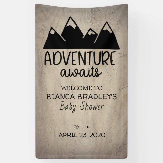 Adventure Awaits Baby Shower | Rustic Wood Banner (Vertical)
