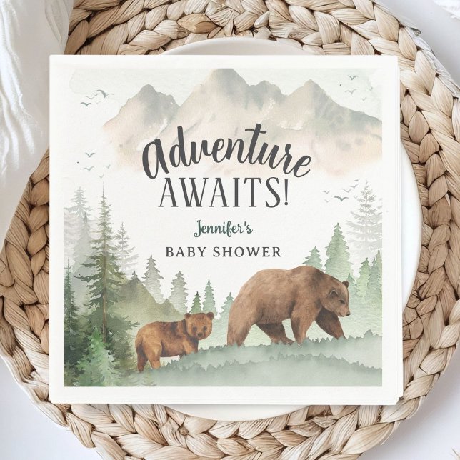 Adventure Awaits Baby Shower Woodland Bear Paper Napkin (Creator Uploaded)