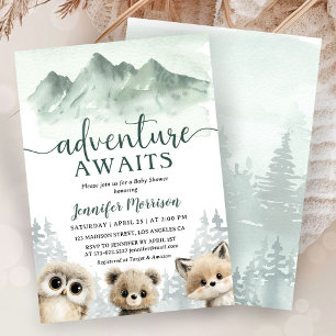 Adventure Awaits Baby Shower Woodland Green Forest Invitation
