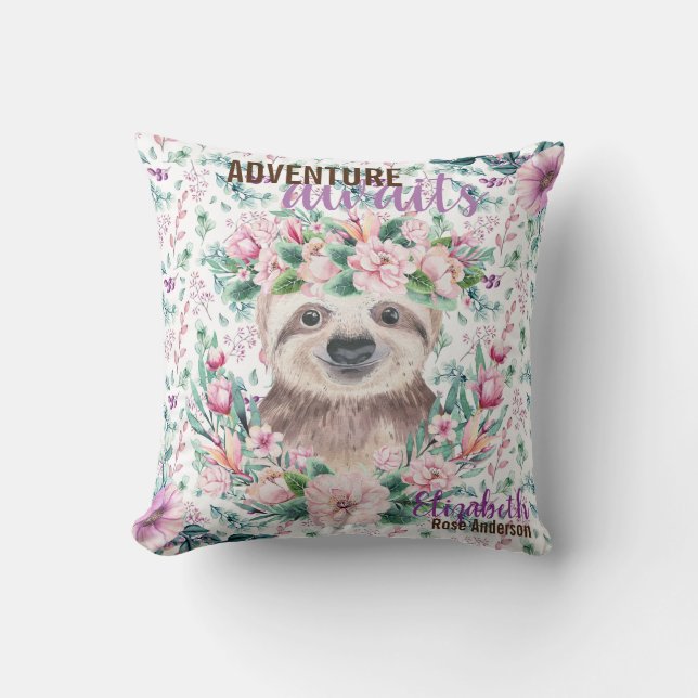 Adventure Awaits Baby SLOTH Purple Floral Named Cushion (Front)