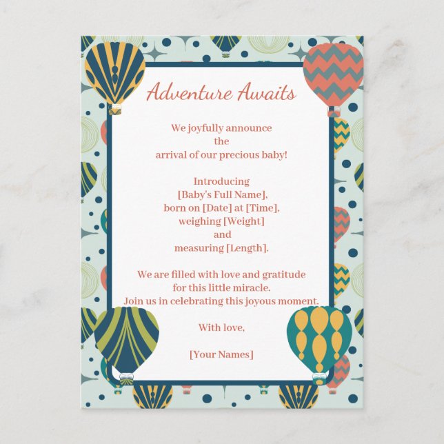 Adventure Awaits Balloon Sage Birth Announcement (Front)