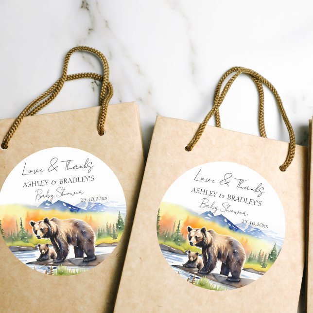 Adventure awaits bear baby shower thank you favour classic round sticker (Adventure awaits national parks themed baby shower favor gift thank you stickers bear cub mam bear )