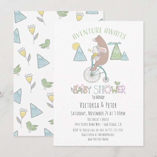 Adventure Awaits Bear Bunny Bike Baby Shower Invitation (Front/Back)
