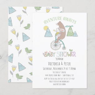 Adventure Awaits Bear Bunny Bike Baby Shower Invitation