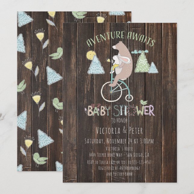 Adventure Awaits Bear Bunny Bike Baby Shower Invitation (Front/Back)