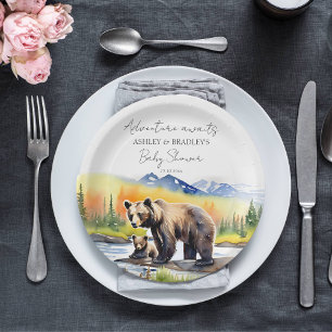 Adventure awaits bear cub with mom baby shower paper plate