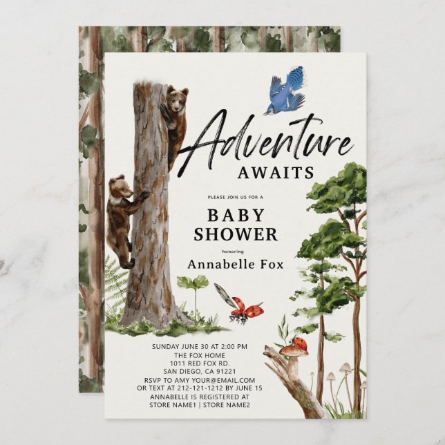 Adventure Awaits Bear Cubs Forest Boy Baby Shower Invitation (Front/Back)