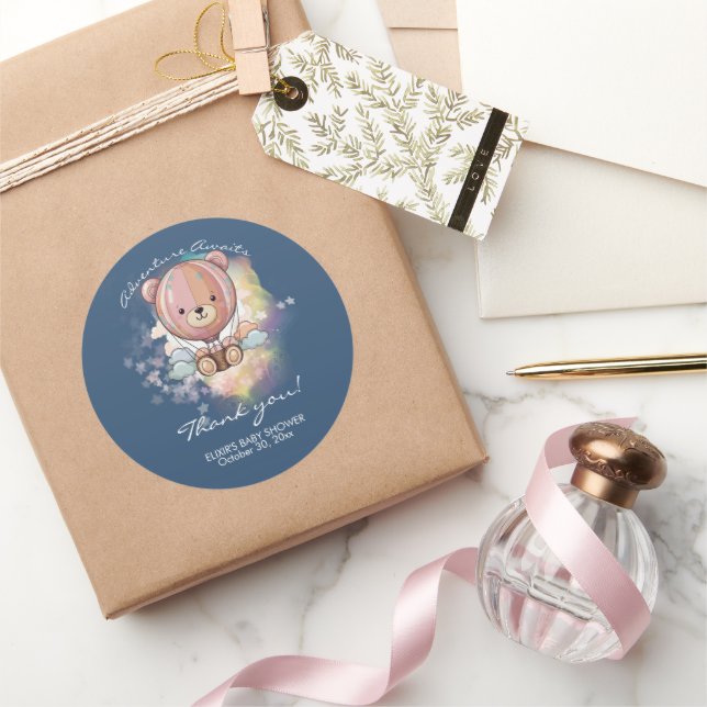 Adventure Awaits Bear Hot Air Balloon Baby Shower Classic Round Sticker (Gifting)