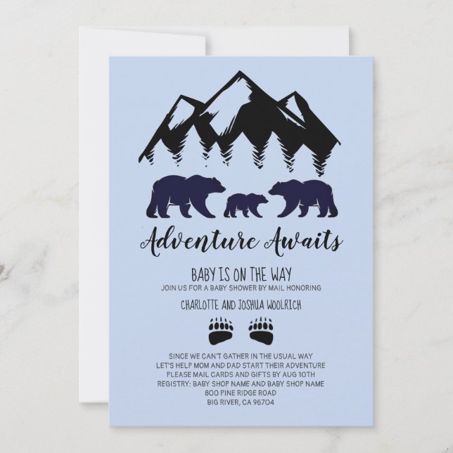Adventure Awaits Bears Blue Baby Shower By Mail Invitation (Front)