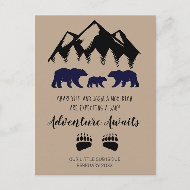 Adventure Awaits Bears Pregnancy  Announcement Postcard (Front)