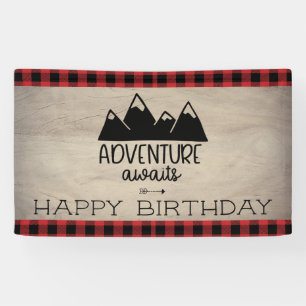 Adventure Awaits Birthday  Wood Buffalo Plaid Banner
