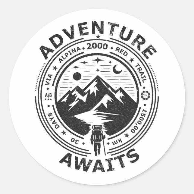 Adventure Awaits - Black in white Classic Round Sticker (Front)