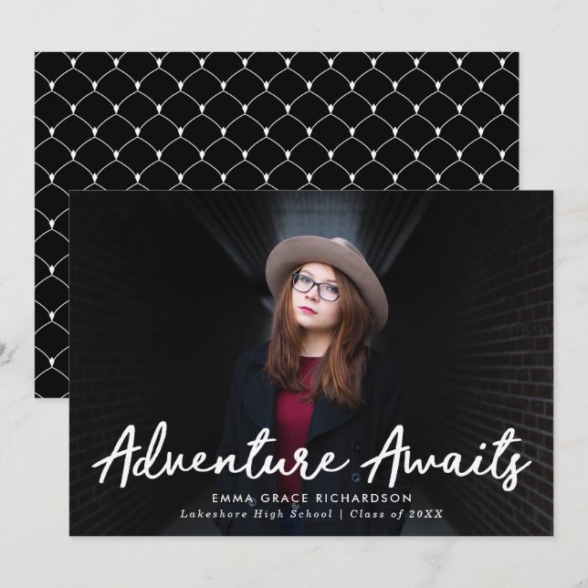 Adventure Awaits Black Photo Graduation Announcement (Front/Back)
