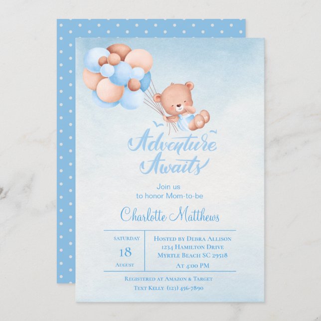 Adventure Awaits Blue Balloon Baby Shower   Invitation (Front/Back)