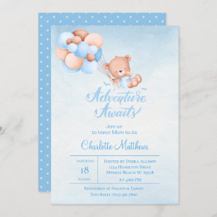 Adventure Awaits Blue Balloon Baby Shower Invitation