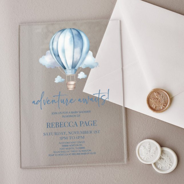 Adventure Awaits! Blue Hot Air Balloon Baby Shower Acrylic Invitations (Creator Uploaded)