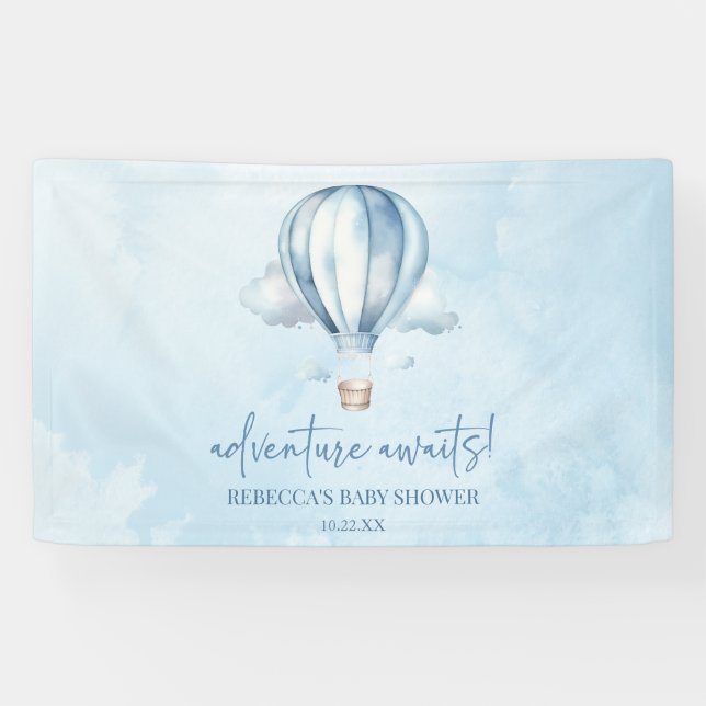 Adventure Awaits! Blue Hot Air Balloon Baby Shower Banner (Horizontal)