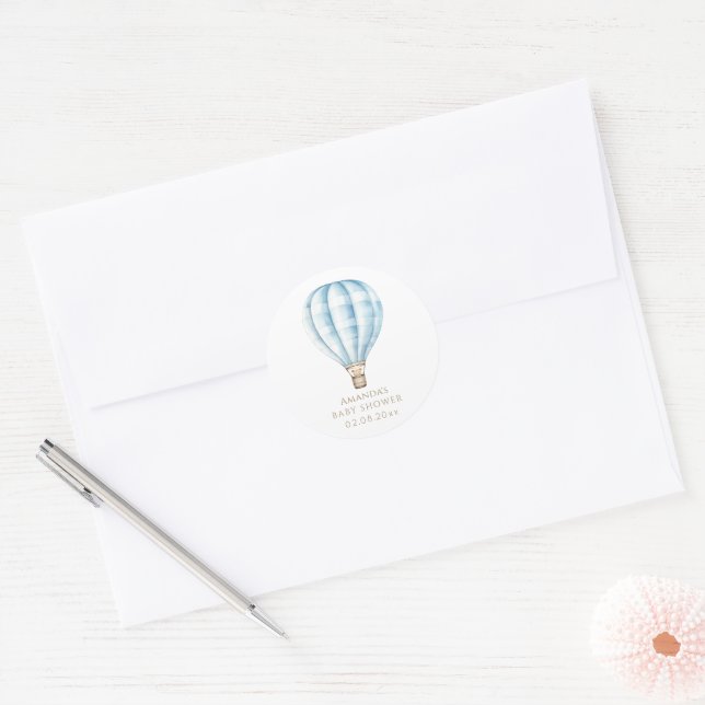 Adventure Awaits Blue Hot Air Balloon Baby Shower Classic Round Sticker (Envelope)
