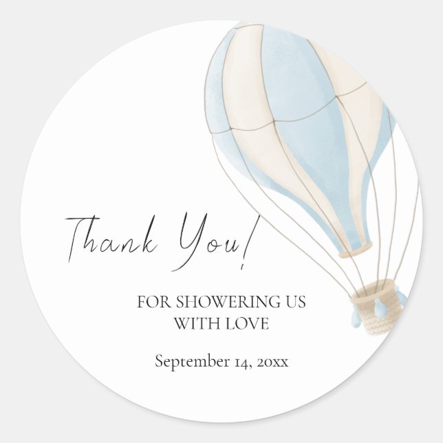 Adventure Awaits Blue Hot Air Balloon Baby Shower Classic Round Sticker (Front)