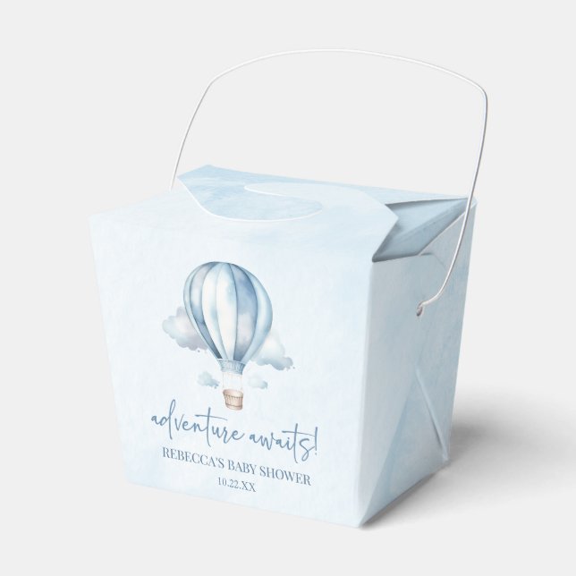 Adventure Awaits! Blue Hot Air Balloon Baby Shower Favour Box (Front Side)