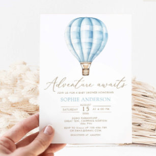 Adventure Awaits Blue Hot Air Balloon Baby Shower Invitation