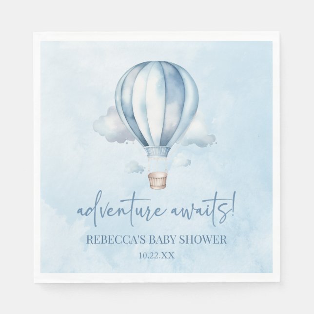 Adventure Awaits! Blue Hot Air Balloon Baby Shower Napkin (Front)