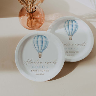 Adventure Awaits Blue Hot Air Balloon Baby Shower Paper Plate