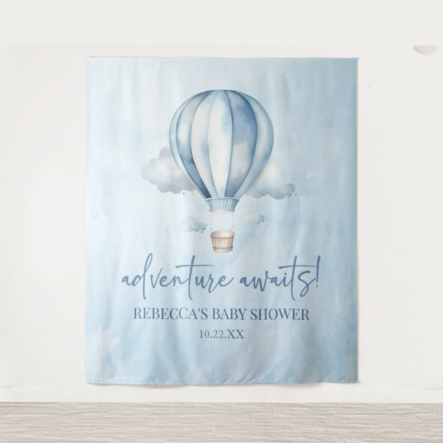 Adventure Awaits! Blue Hot Air Balloon Baby Shower Tapestry (Front)