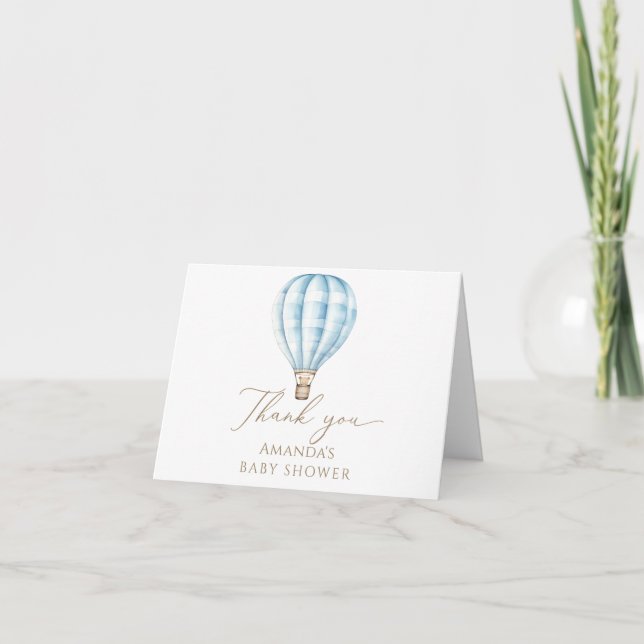 Adventure Awaits Blue Hot Air Balloon Baby Shower Thank You Card (Front)