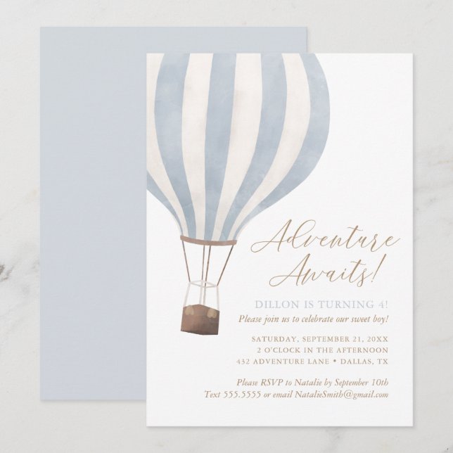 Adventure Awaits Blue Hot Air Balloon Boy Birthday Invitation (Front/Back)