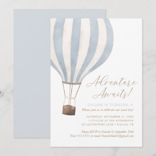 Adventure Awaits Blue Hot Air Balloon Boy Birthday Invitation