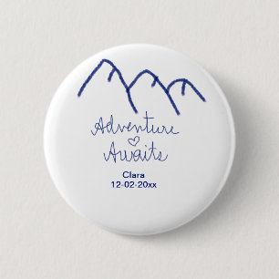 Adventure awaits blue mountain heart add name  6 cm round badge