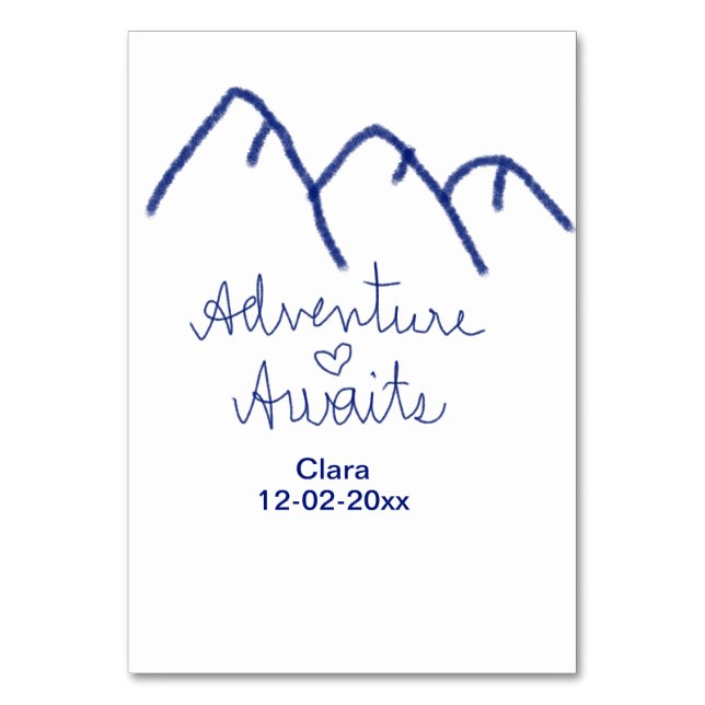 Adventure awaits blue mountain heart add name  table number (Front)