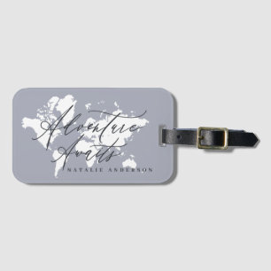 Adventure awaits blue watercolor world map luggage tag