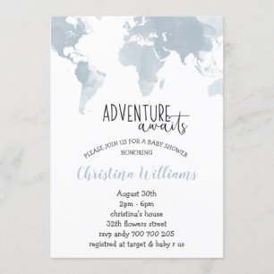 Adventure Awaits Blue World Map Boy Baby Shower Invitation