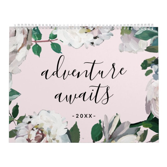 Adventure Awaits Blush and White Floral Photo Calendar (Cover)