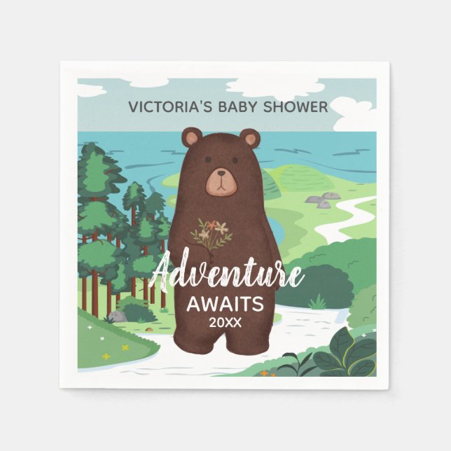Adventure Awaits Brown Bear Landscape Baby Shower Napkin (Front)