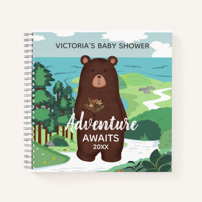Adventure Awaits Brown Bear Landscape Baby Shower Notebook (Front)