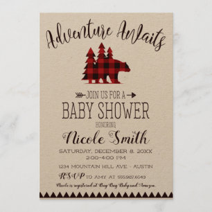 Adventure Awaits Buffalo Check Bear Baby Shower Invitation