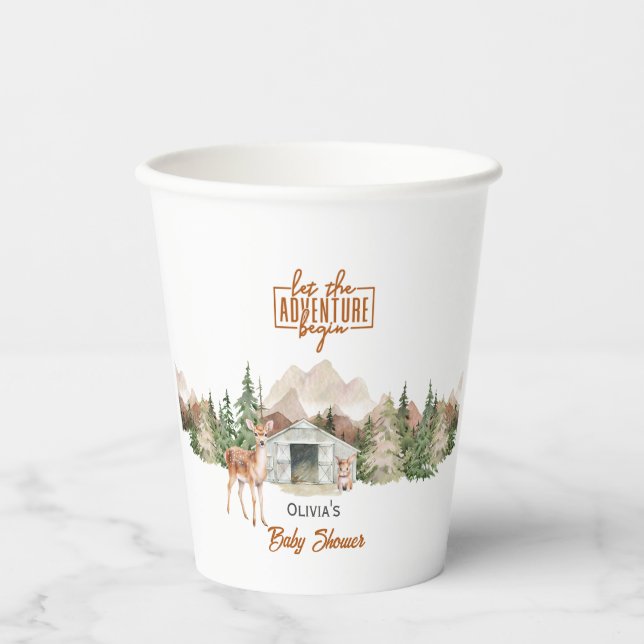 Adventure Awaits Burnt Orange Mountain Baby Shower Paper Cups (Front)