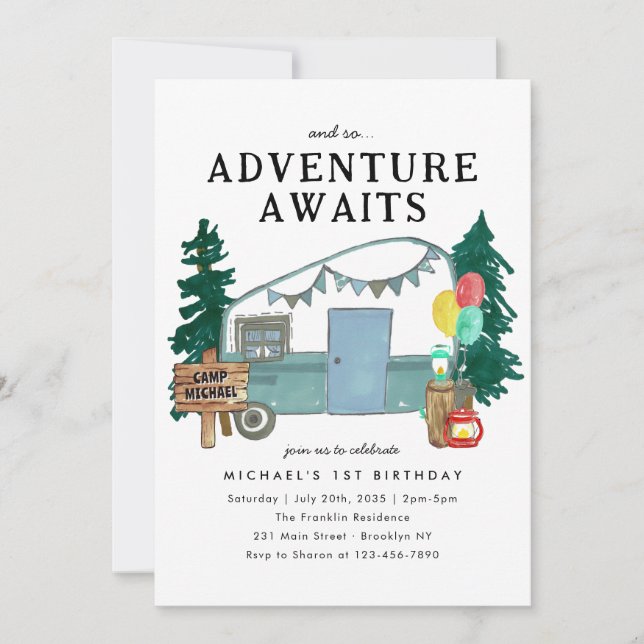 Adventure Awaits Camper Trees Camping Birthday Invitation (Front)