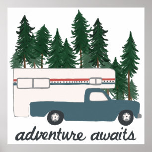 Adventure Awaits Camping Truck Camper Art Poster