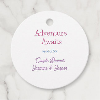 adventure awaits couple shower name date pink blue favour tags
