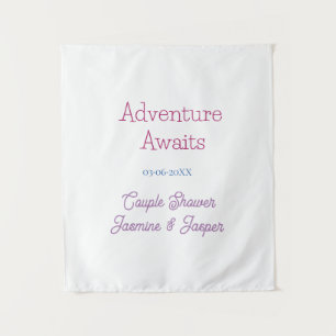 adventure awaits couple shower name date pink blue tapestry