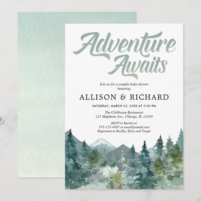 Adventure awaits couples baby shower mountain invitation (Front/Back)