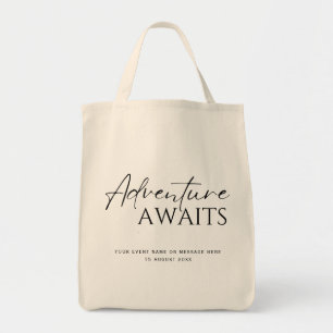 Adventure awaits, custom black and white tote bag