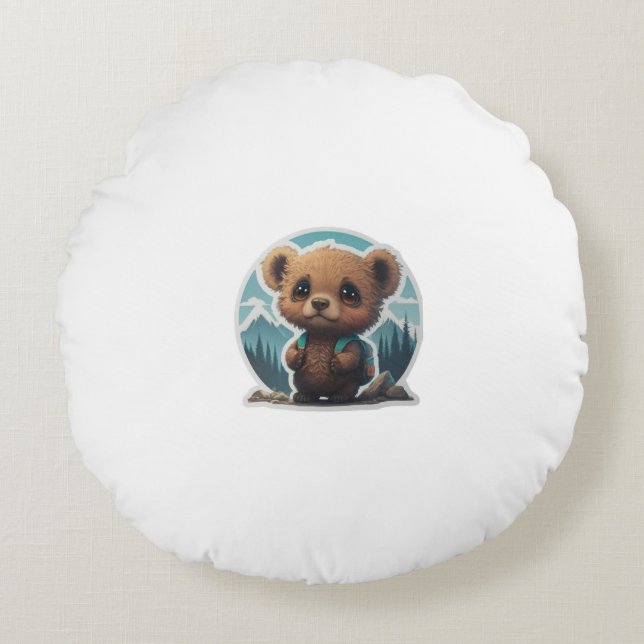 Adventure Awaits: Cute Bear Backpack Round Cushion (Front)
